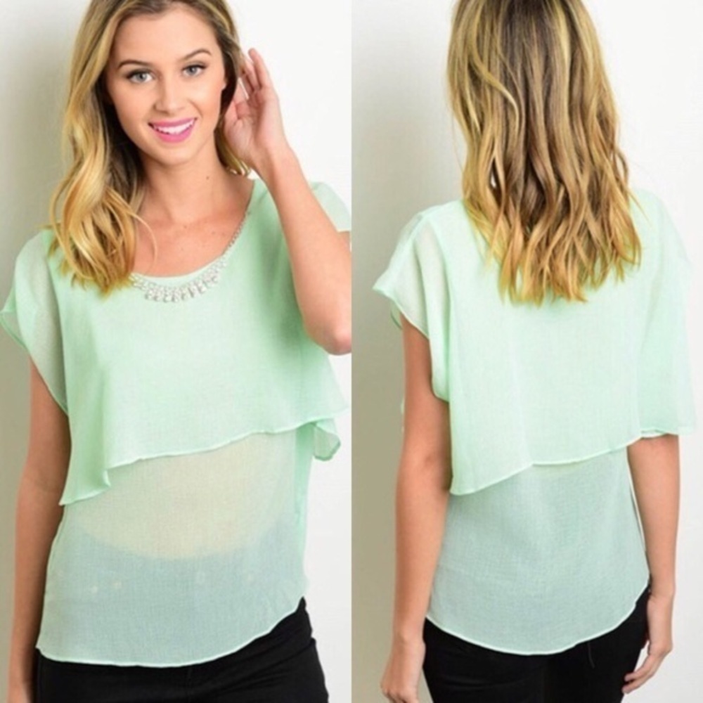 Mint Layered Chiffon Blouse with Embellished Neckline